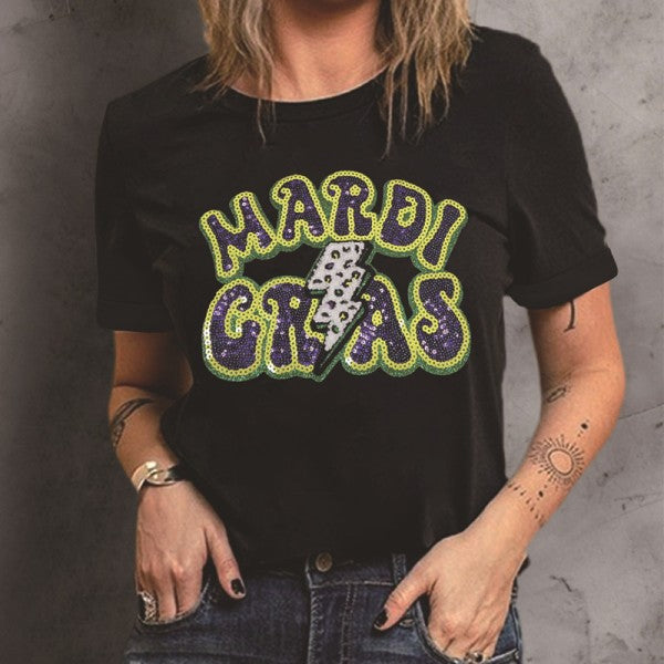 Mardi Gras Pattern Crew Neck Short Sleeve Top