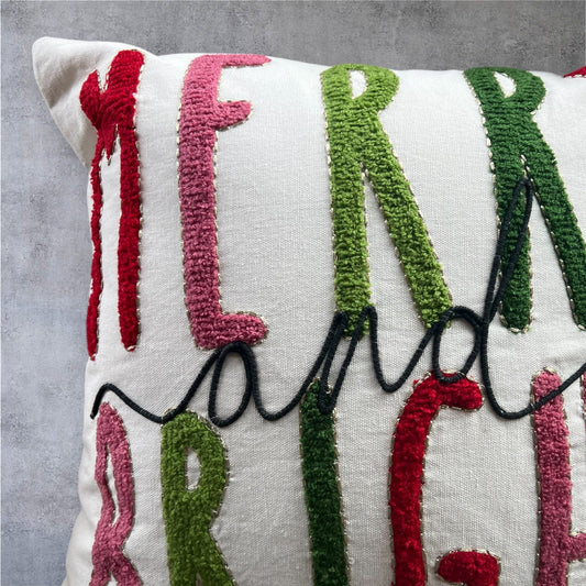 Merry and Bright Embroidered Christmas Themed Pillow
