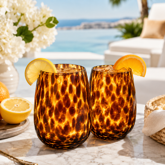 Leopard Print Amber Colored Stemless Wine Glass | Set of 2