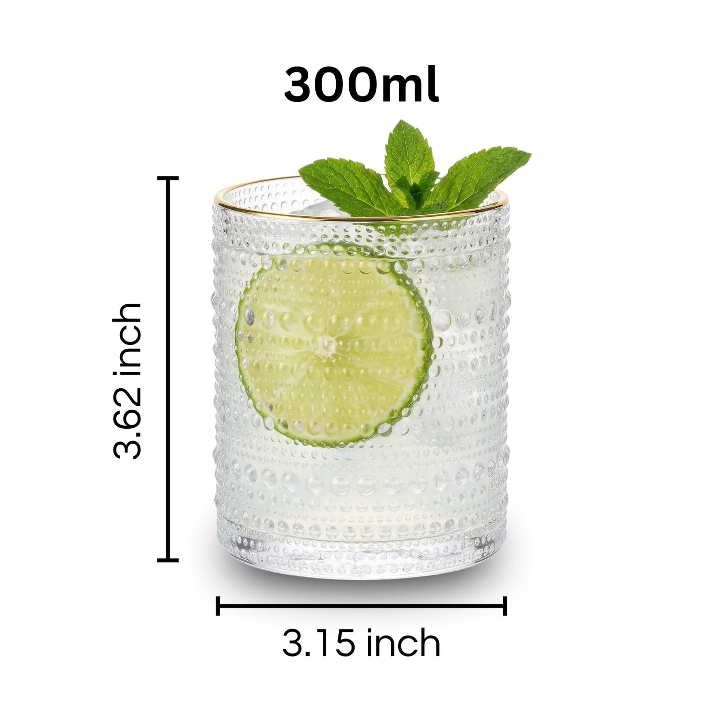 Clear Gold Rim Hobnail Glass Set, 6 Piece 10oz Transparent
