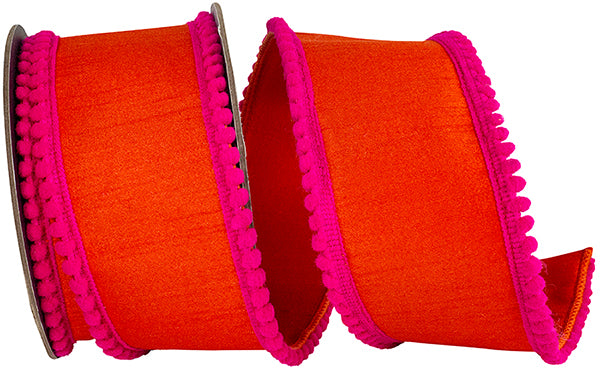 2.5" X 5 YRDS POM POM MINI EDGE TRIM DUPIONI DELUXE WIRED EDGE RIBBON ORANGE/FUCHSIA