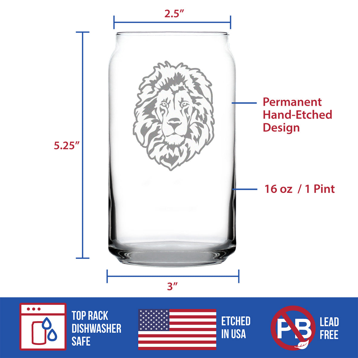 Lion Face Beer Can Pint Glass - Unique Lion Themed Decor and Gifts for Animal Lovers - 16 Oz Glasses