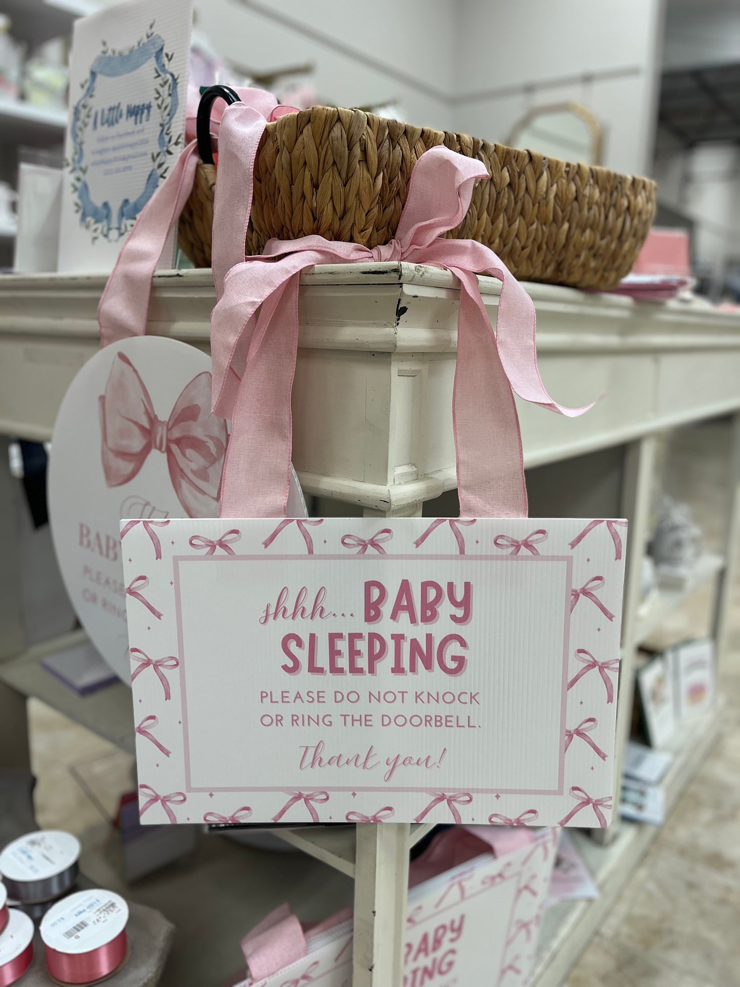 Pink Bow New Baby Door Hanger Sign