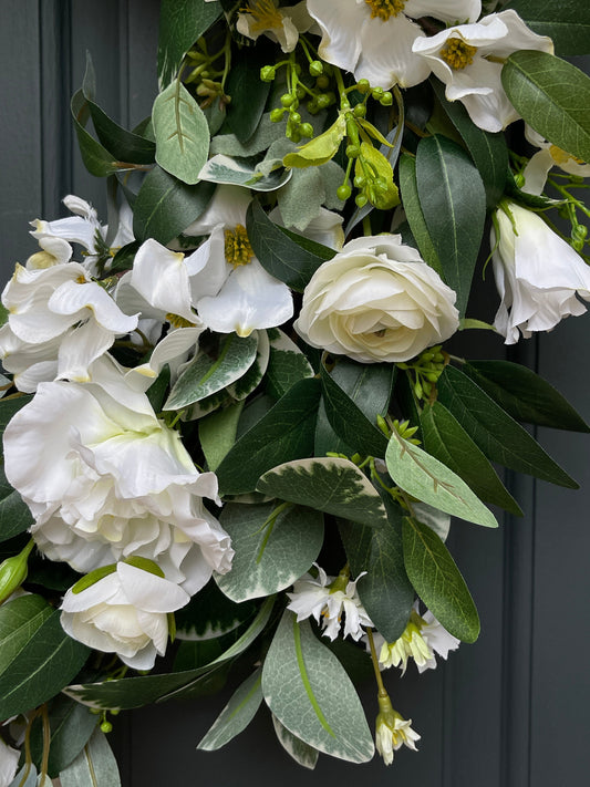 White and Green Dogwood Ranunculus Spring Wreath