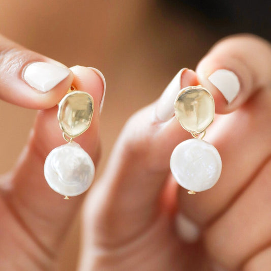 Molten Freshwater Pearl Drop Earrings | 14K Gold Plated Brass and Real Freshwater Pearls