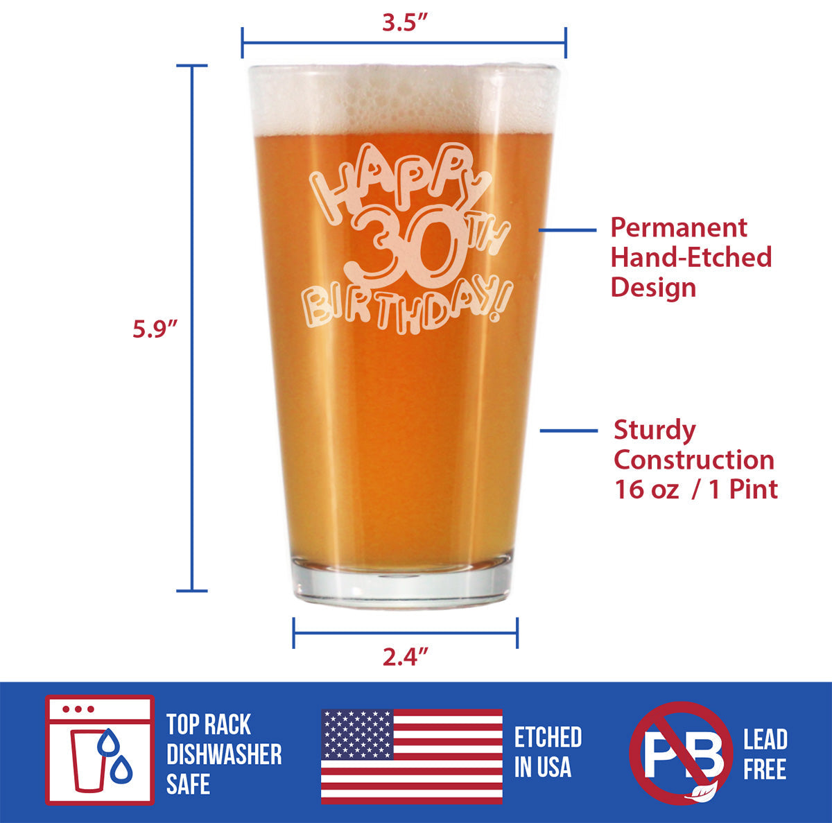 Happy 30th Birthday Balloons - Pint Glass for Beer - Gifts for Women & Men Turning 30 - Fun Bday Party Decor - 16 Oz