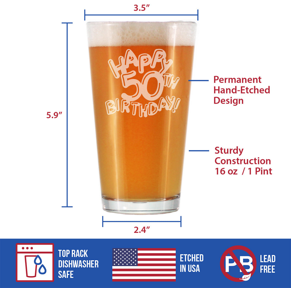 Happy 50th Birthday Balloons - Pint Glass for Beer - Gifts for Women & Men Turning 50 - Fun Bday Party Decor - 16 Oz