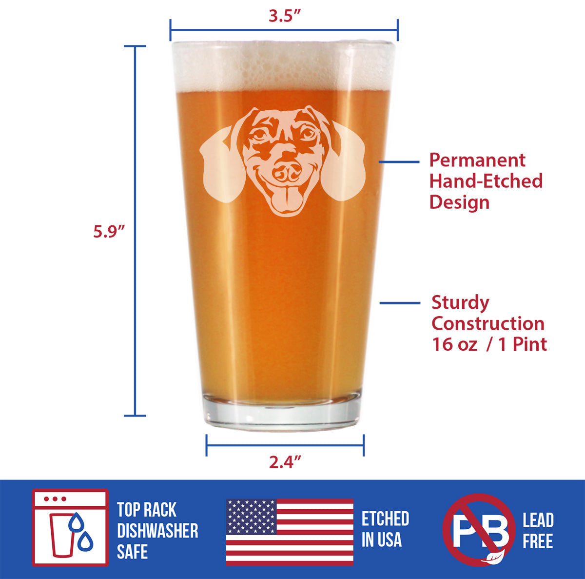 Dachshund Face Pint Glass for Beer - Unique Dog Themed Decor and Gifts for Moms & Dads of Dachshunds - 16 Oz