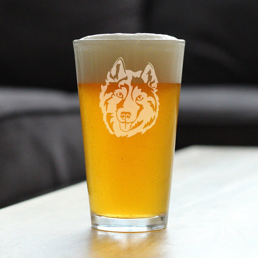 Siberian Husky Face Pint Glass for Beer - Unique Dog Themed Decor and Gifts for Moms & Dads of Huskies - 16 Oz
