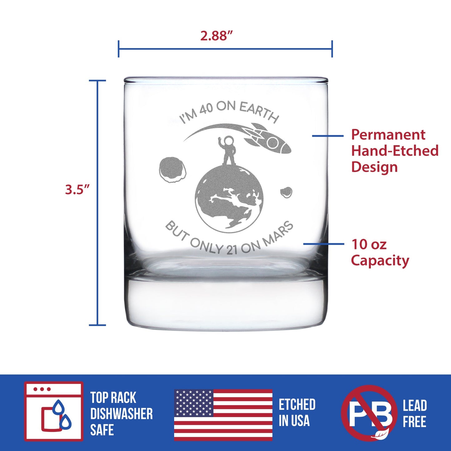 Age on Mars 40 - Whiskey Rocks Glass Gift - Unique Funny 40th Birthday Gifts for Women and Men - 10.25 oz Glasses