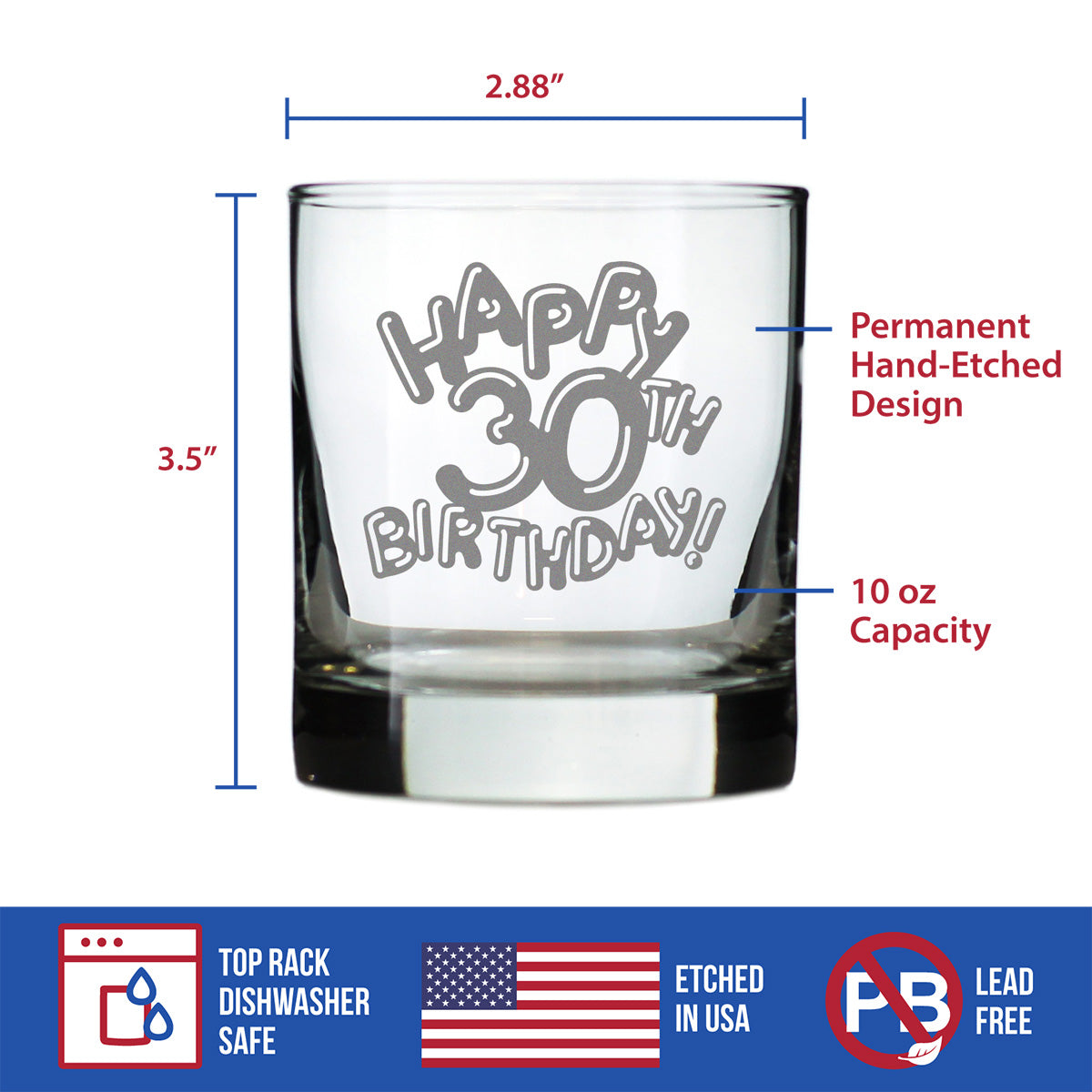 Happy 30th Birthday Balloons - Whiskey Rocks Glass Gifts for Men & Women Turning 30 - Fun Retro Bday Whisky Drinking Tumbler
