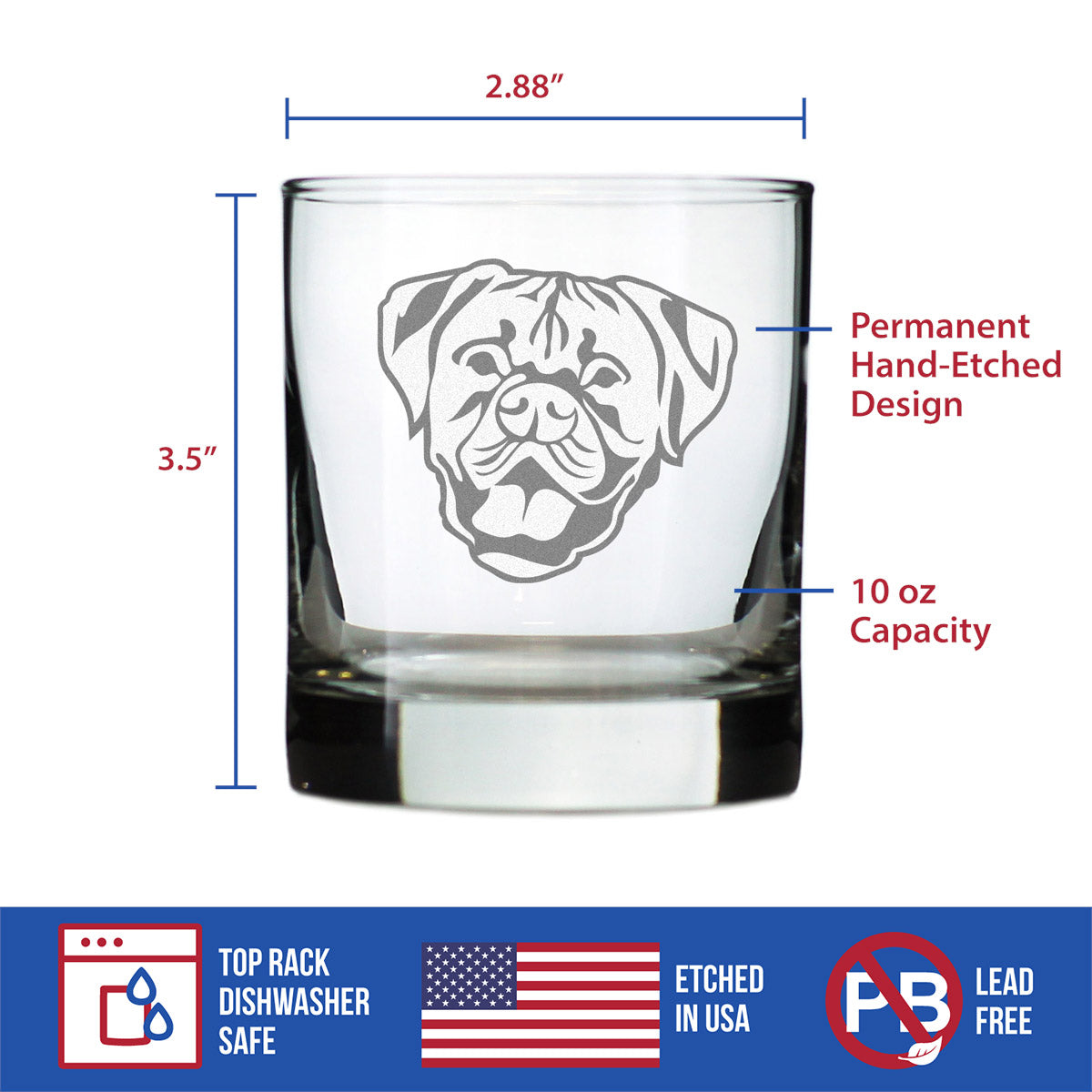 Boxer with Natural Ears - Whiskey Rocks Glass - Unique Boxer Themed Dog Gifts and Party Decor for Women and Men - 10.25 Oz