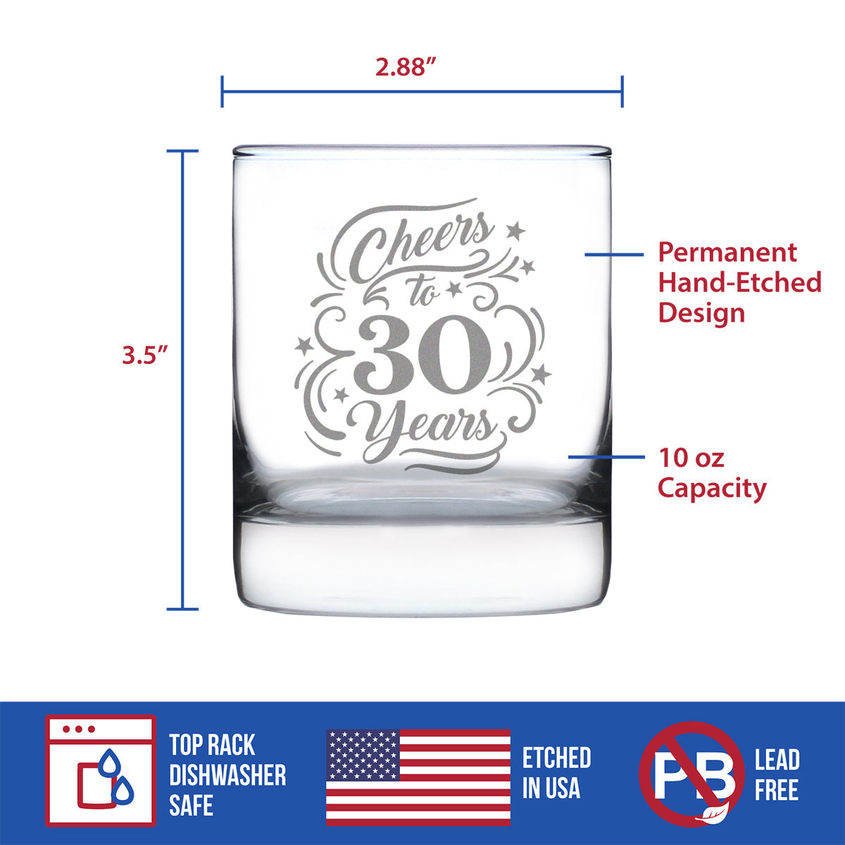 Cheers to 30 Years - Whiskey Rocks Glass Gifts for Women & Men - 30th Anniversary Party Decor - 10.25 Oz Glasses
