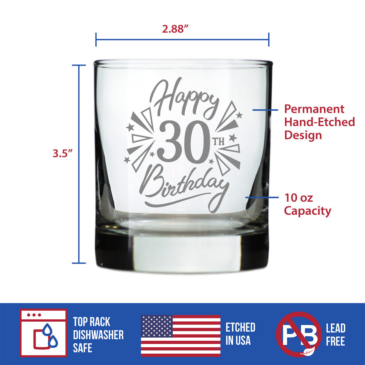 Happy 30th Birthday - Whiskey Rocks Glass Gifts for Men & Women Turning 30 - Fun Retro Bday Whisky Drinking Tumbler