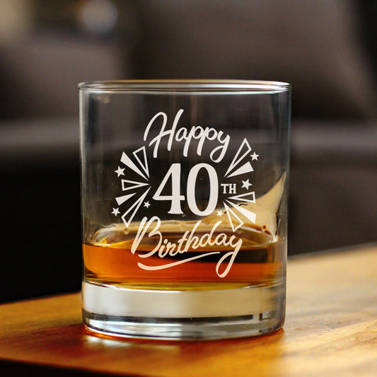 Happy 40th Birthday - Whiskey Rocks Glass Gifts for Men & Women Turning 40 - Fun Retro Bday Whisky Drinking Tumbler