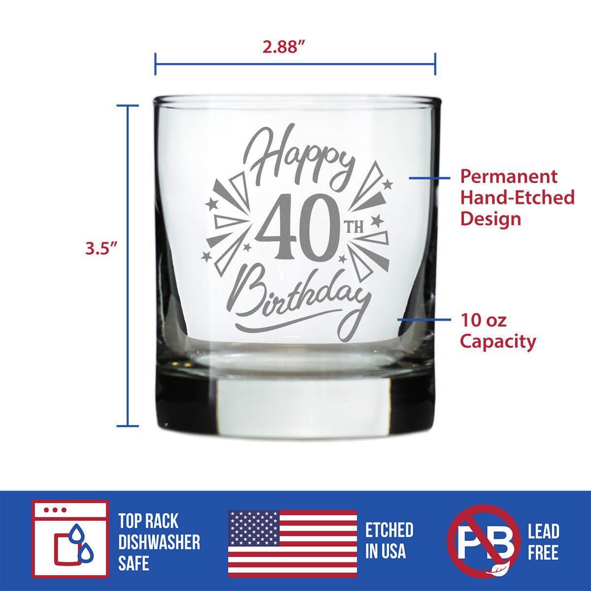 Happy 40th Birthday - Whiskey Rocks Glass Gifts for Men & Women Turning 40 - Fun Retro Bday Whisky Drinking Tumbler