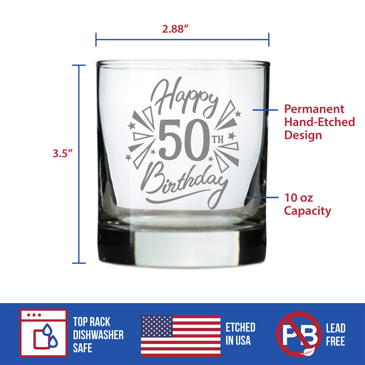 Happy 50th Birthday - Whiskey Rocks Glass Gifts for Men & Women Turning 50 - Fun Retro Bday Whisky Drinking Tumbler