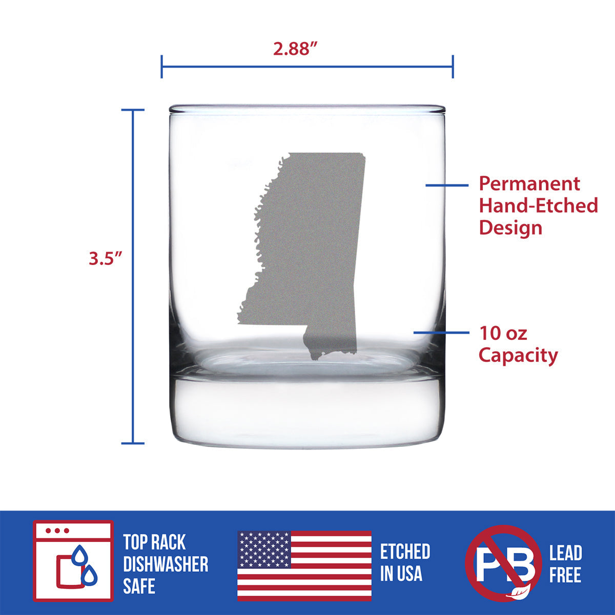 Mississippi State Outline Whiskey Rocks Glass - State Themed Drinking Decor and Gifts for Mississippian Women & Men - 10.25 Oz Whisky Tumbler Glasses
