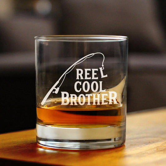 Reel Cool Brother - Funny Whiskey Rocks Glass - Fishing Gifts for Brothers - Engraved 10.25 oz Glasses - Fun Fish Cups