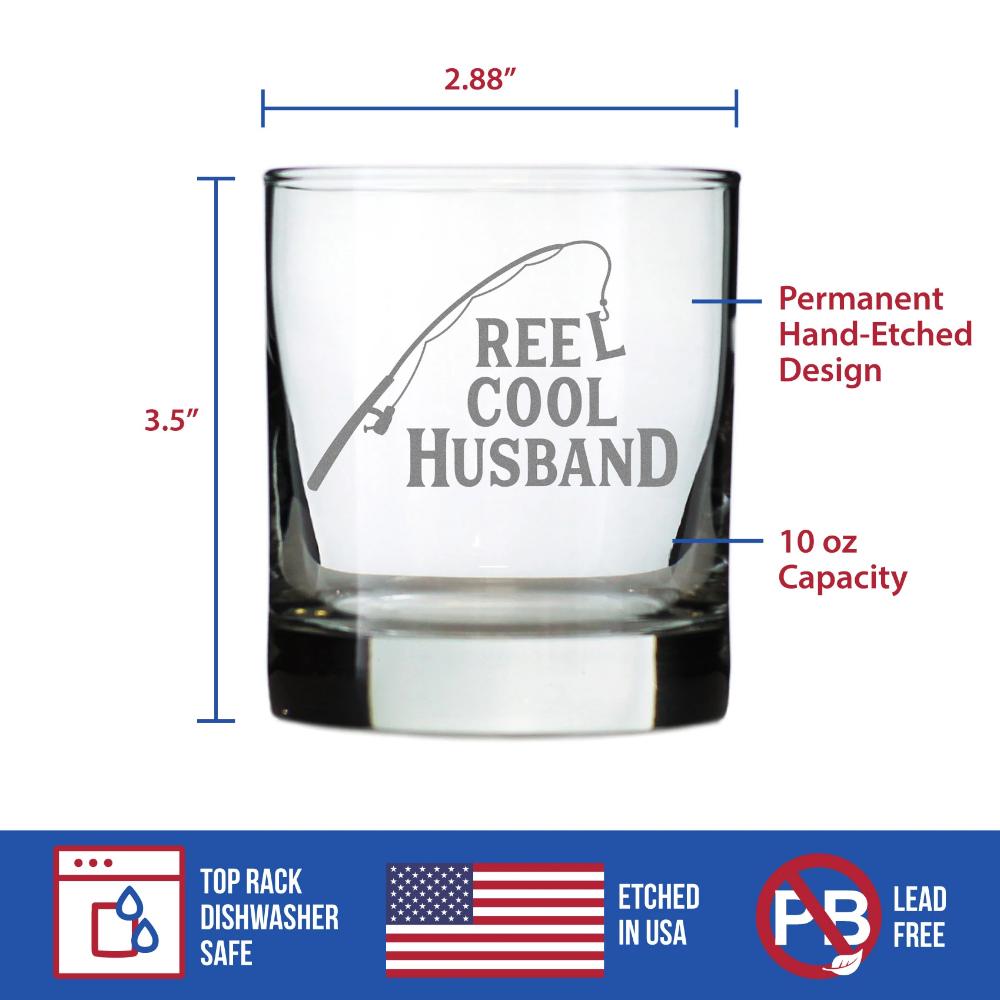 Reel Cool Husband - Funny Whiskey Rocks Glass - Fishing Gifts for Husbands - Engraved 10.25 oz Glasses - Fun Fish Cups