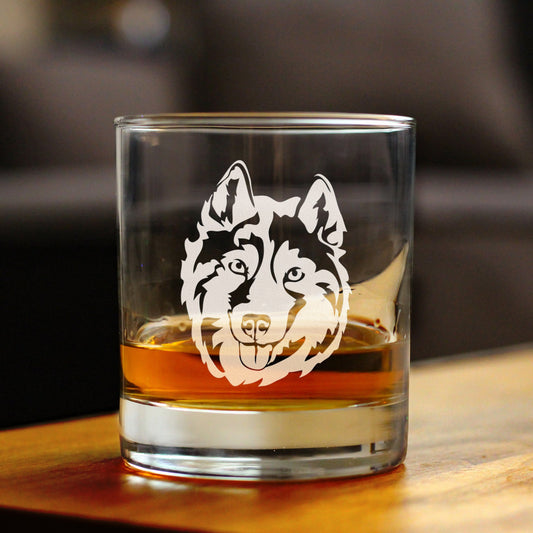 Siberian Husky Face Whiskey Rocks Glass - Unique Dog Themed Decor and Gifts for Moms & Dads of Huskies - 10.25 Oz
