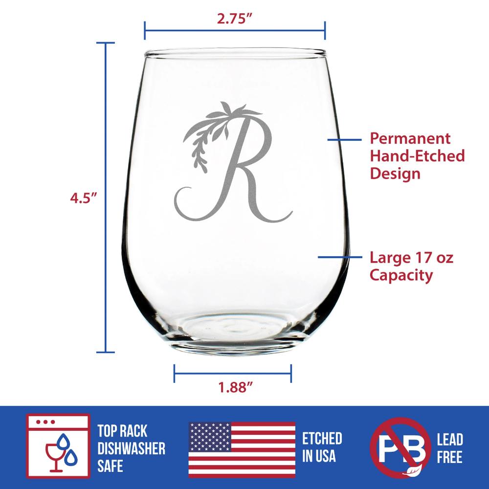 Monogram Floral Letter R - Stemless Wine Glass - Personalized Gifts for Women and Men - Large Engraved 17 Oz Glasses