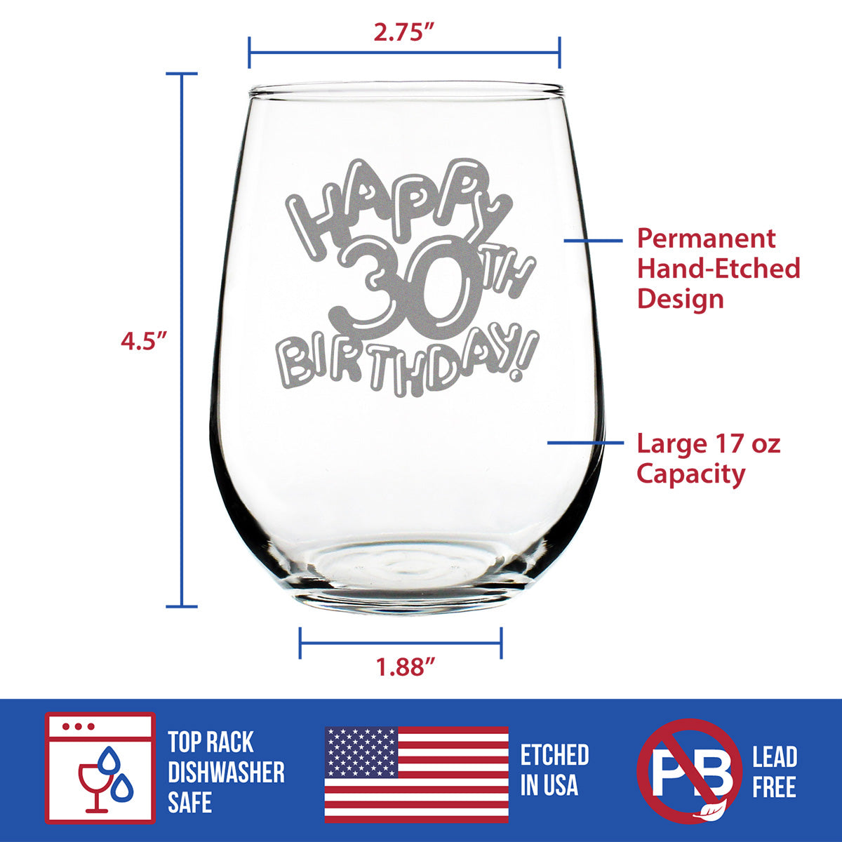 Happy 30th Birthday Balloons - Stemless Wine Glass Gifts for Women & Men Turning 30 - Bday Party Decor - Large Glasses 17 Oz