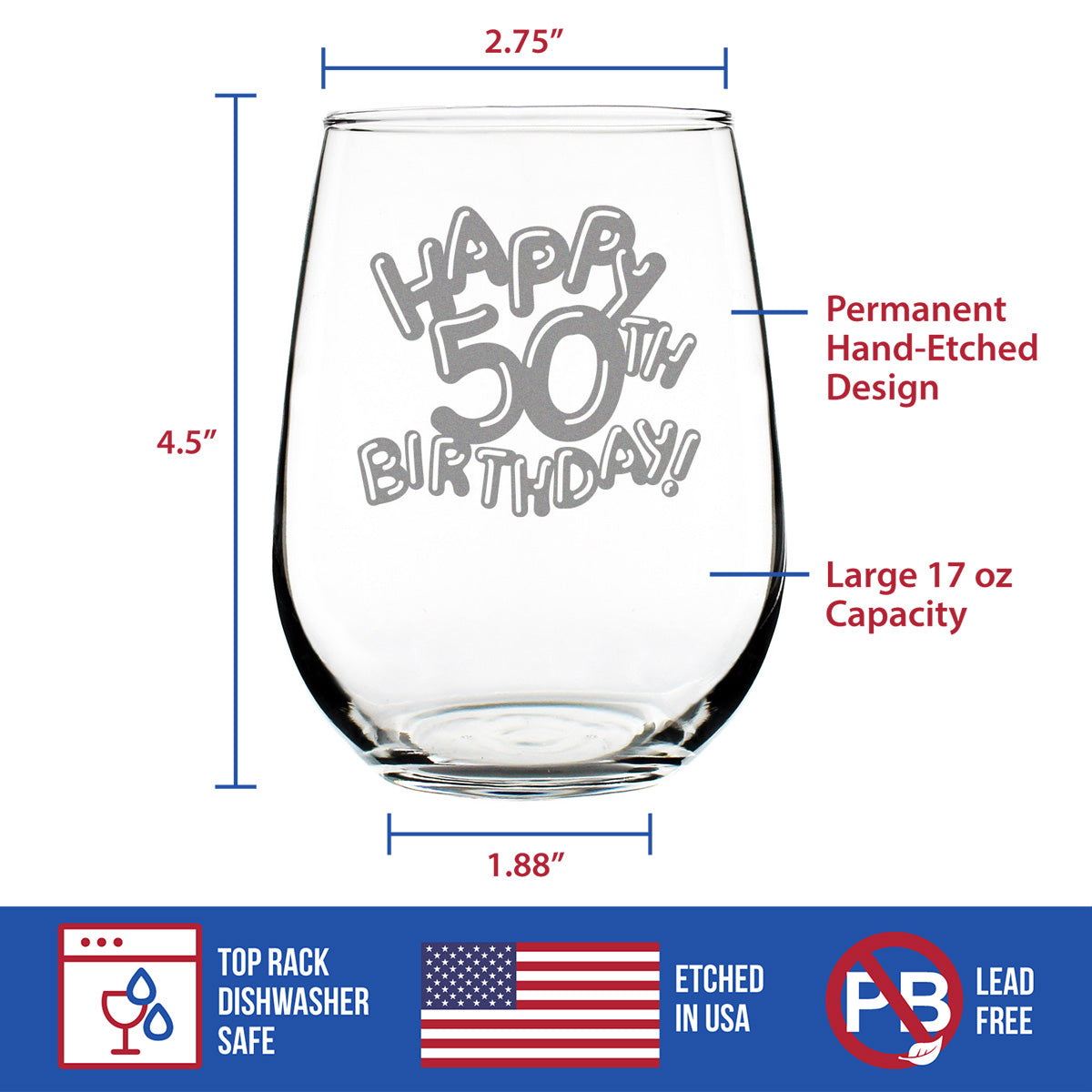 Happy 50th Birthday Balloons - Stemless Wine Glass Gifts for Women & Men Turning 50 - Bday Party Decor - Large Glasses 17 Oz