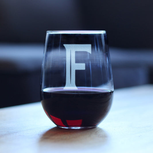 Monogram Bold Letter F - Stemless Wine Glass - Personalized Gifts for Women and Men - Large Engraved Glasses