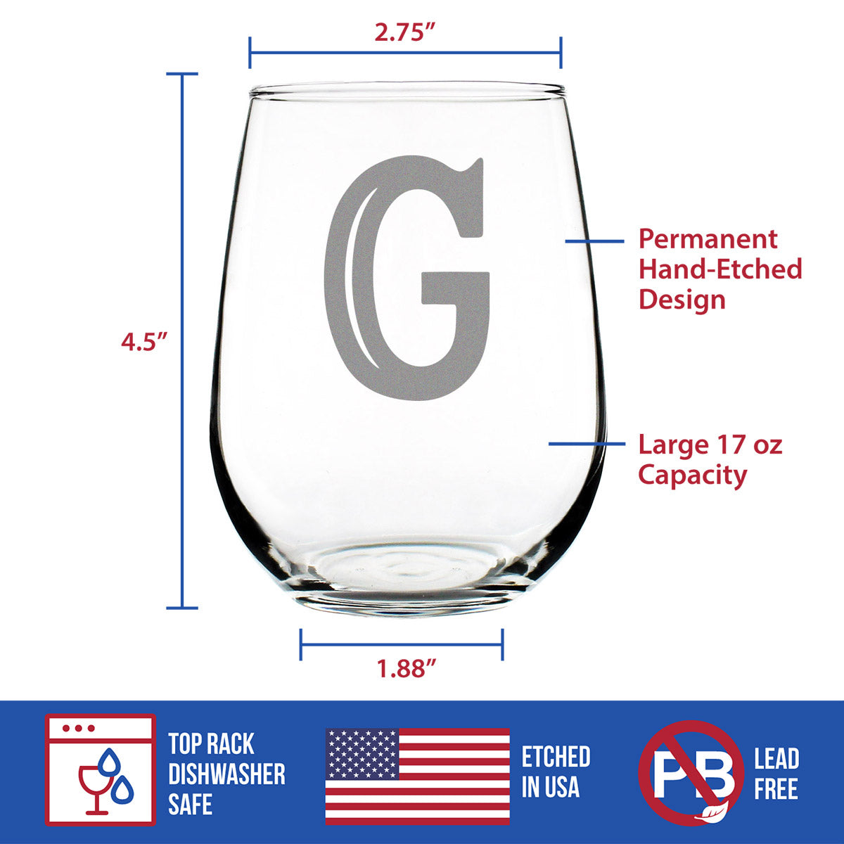 Monogram Bold Letter G - Stemless Wine Glass - Personalized Gifts for Women and Men - Large Engraved Glasses