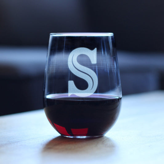 Monogram Bold Letter S - Stemless Wine Glass - Personalized Gifts for Women and Men - Large Engraved Glasses