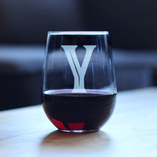 Monogram Bold Letter Y - Stemless Wine Glass - Personalized Gifts for Women and Men - Large Engraved Glasses