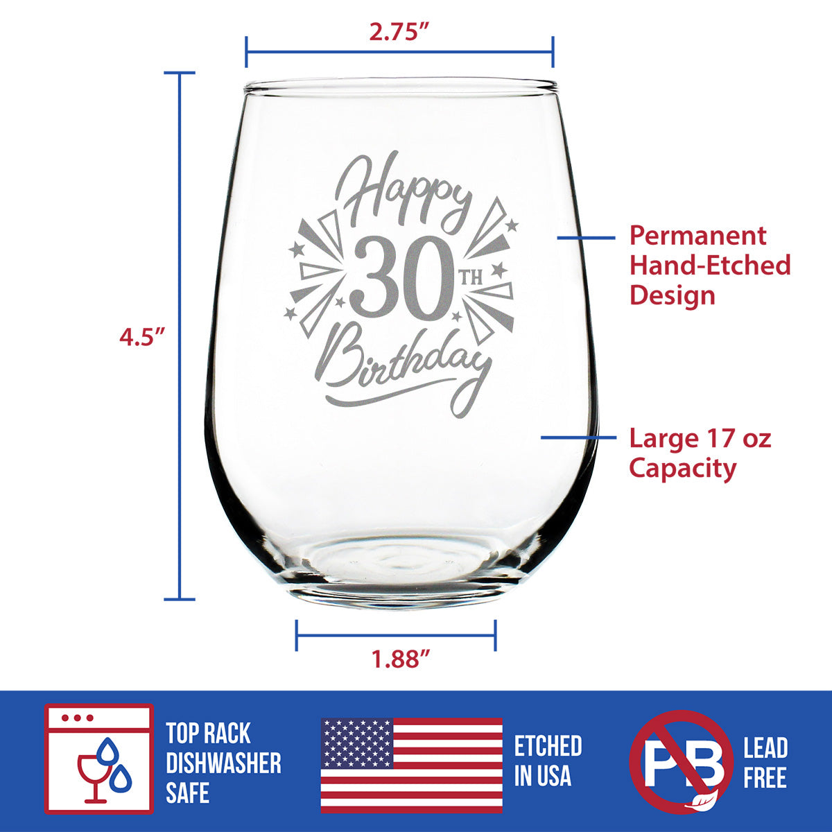 Happy 30th Birthday - Stemless Wine Glass Gifts for Women & Men Turning 30 - Bday Party Decor - Large Glasses 17 Oz