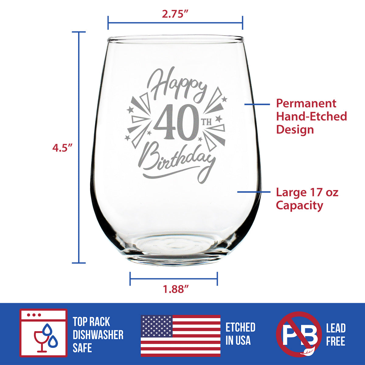 Happy 40th Birthday - Stemless Wine Glass Gifts for Women & Men Turning 40 - Bday Party Decor - Large Glasses 17 Oz