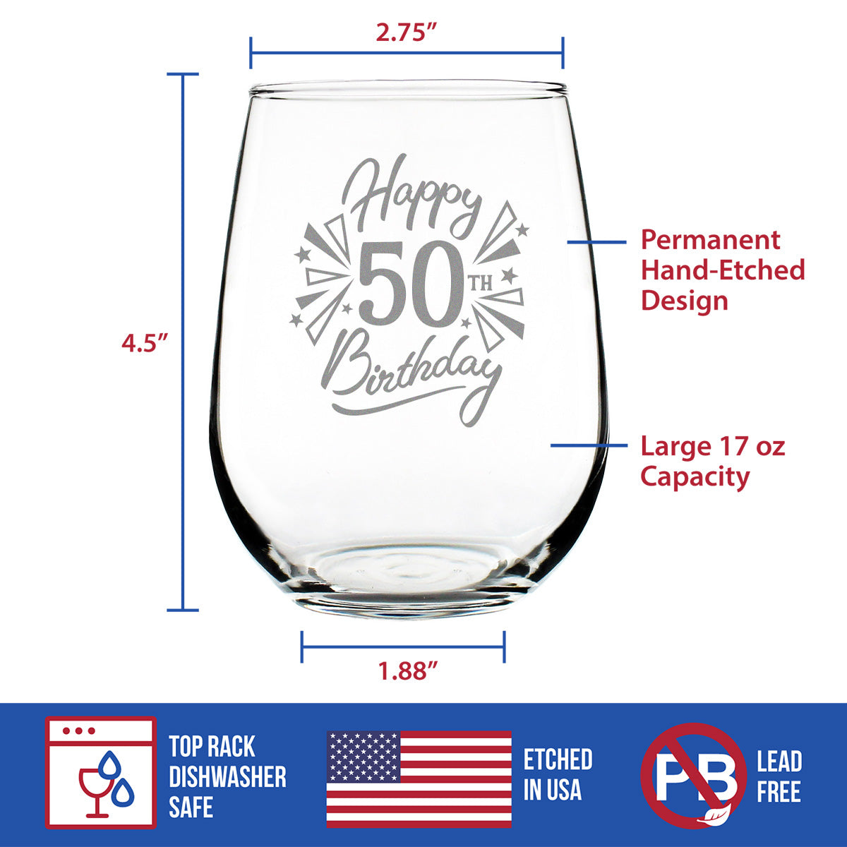 Happy 50th Birthday - Stemless Wine Glass Gifts for Women & Men Turning 50 - Bday Party Decor - Large Glasses 17 Oz