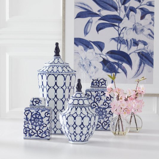 Set of 2 Blue & White Oval Print Ornate Porcelain Lidded Jars