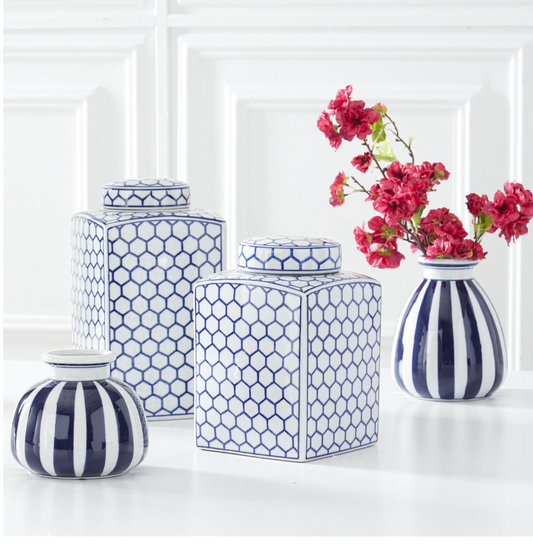 Set of 2 Blue & White Dot Square Lidded Ceramic Jars