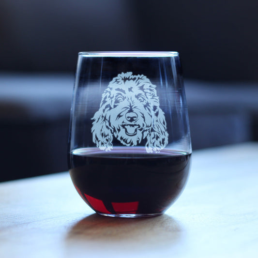 Golden Doodle Face - Stemless Wine Glass - Goldendoodle Gifts for Women & Men - Large 17 Ounce Glasses