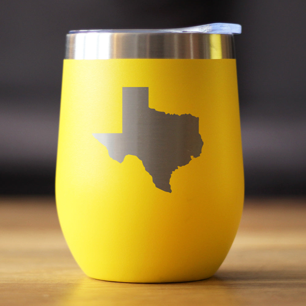Texas State Outline - Wine Tumbler Glass with Sliding Lid - Stainless Steel Insulated Mug - State Themed Decor and Gifts for Texan Women & Men