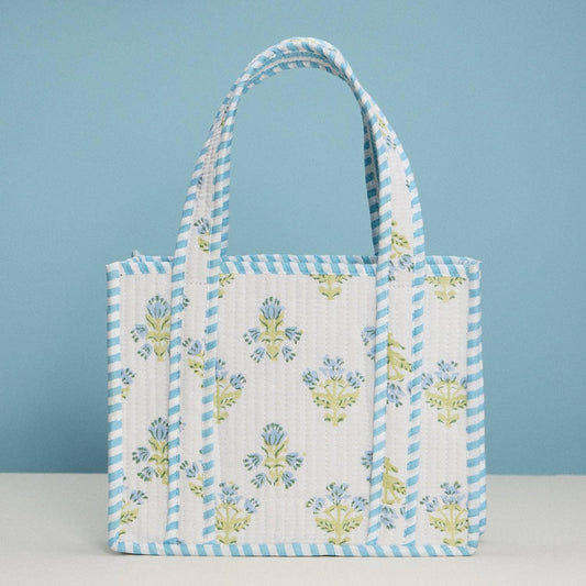 Blue Floral Quilted Mini Tote Bag | Soft Fabric Everyday Carry Handbag