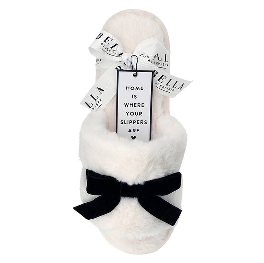 Plush Velvet Bow Slippers - Ivory + Black Velvet Bow