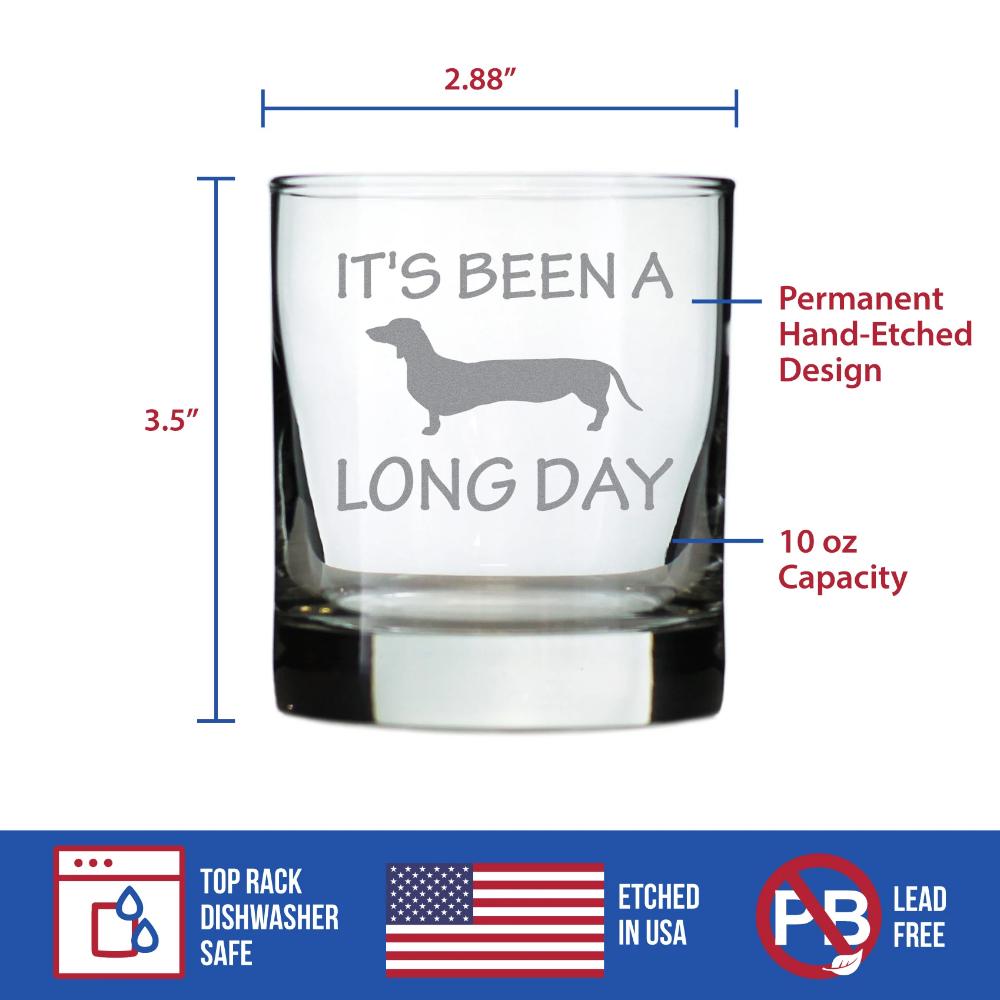 Long Day - Funny Dachshund Whiskey Rocks Glass Gifts for Men & Women - Fun Whisky Drinking Tumbler Décor
