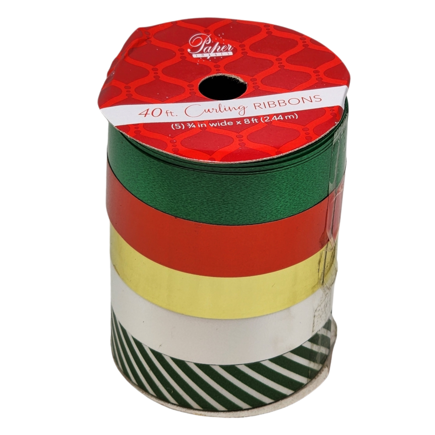 3/4 Inch Curling Ribbon - 5 Colors - 8 Feet Each - Green/Red/Gold/White/Green Stripe