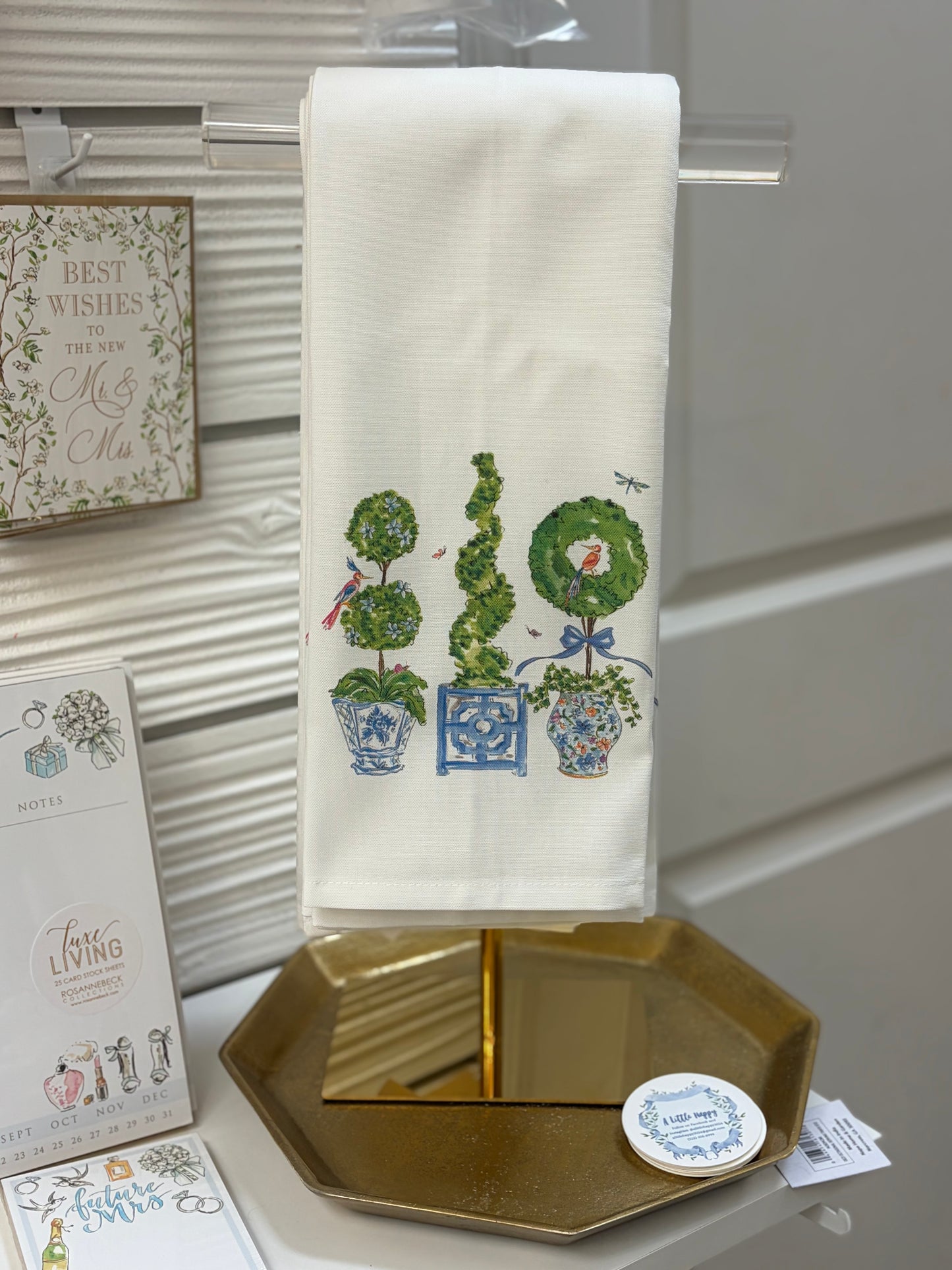 Blue Enchanted Boxwood Topiaries Kitchen Towel