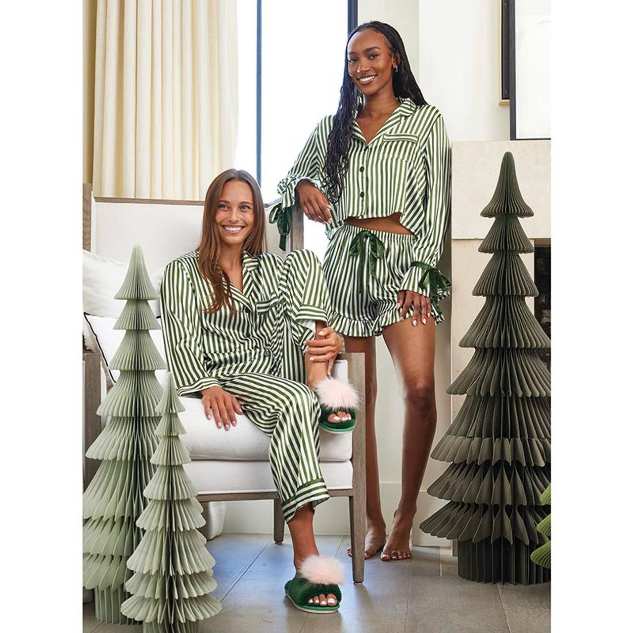 Plush Slippers - Green with Blush Pom Pom