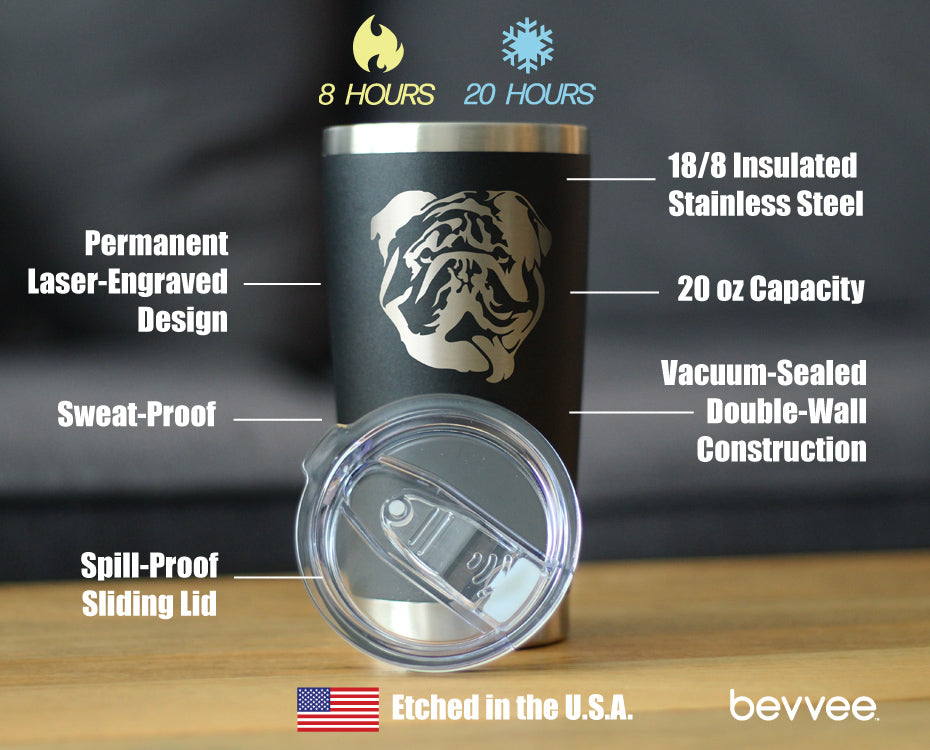 English Bulldog - Insulated Coffee Tumbler Cup with Sliding Lid - Stainless Steel Insulated Mug - Fun Unique Bulldog Themed Décor and Gifts for Men & Women