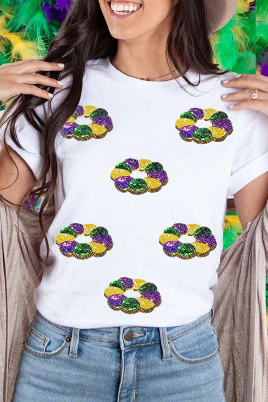 Mardi Gras Pattern Crew Neck Short Sleeve Top