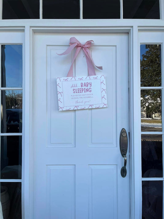 Pink Bow New Baby Door Hanger Sign