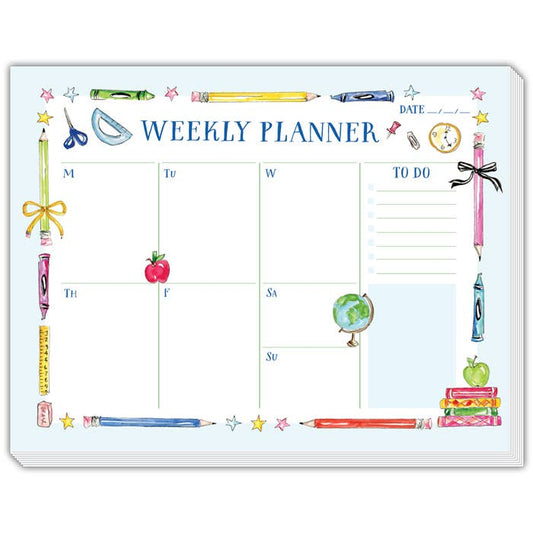 Handpainted “Weekly Planner” Teacher Icons Blue Desk Planner