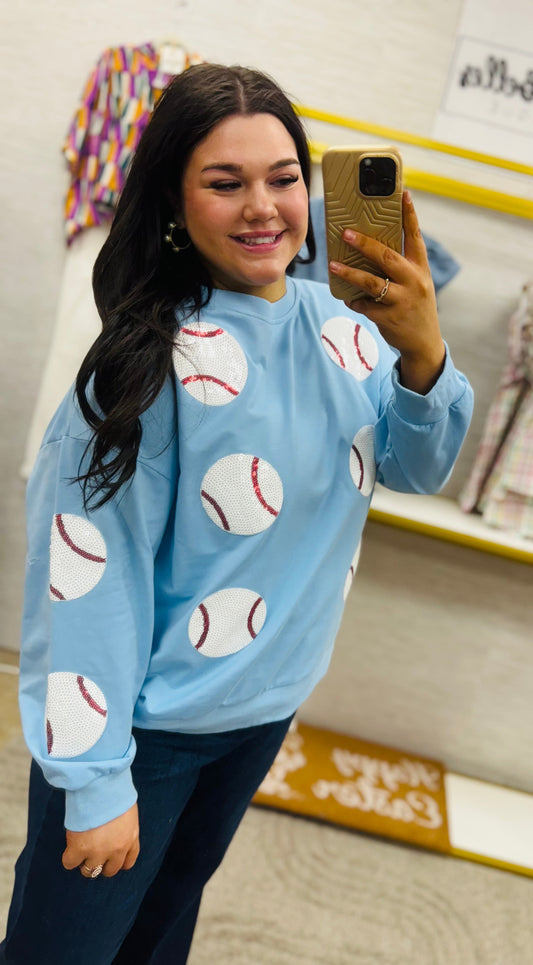 Denim Sequin Baseball Patches Pullover